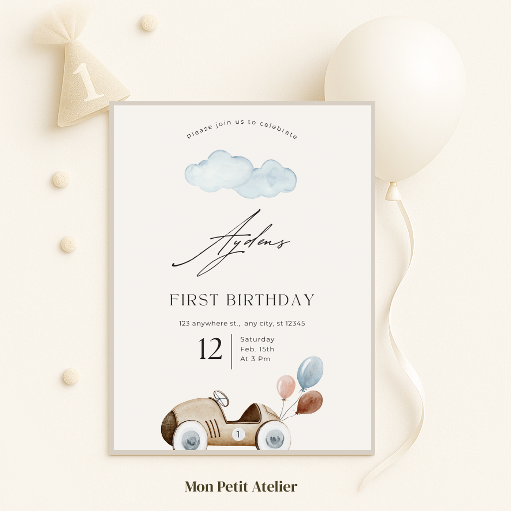 Retro auto beige | uitnodiging