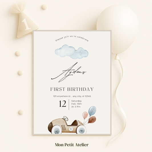 Retro auto beige | uitnodiging