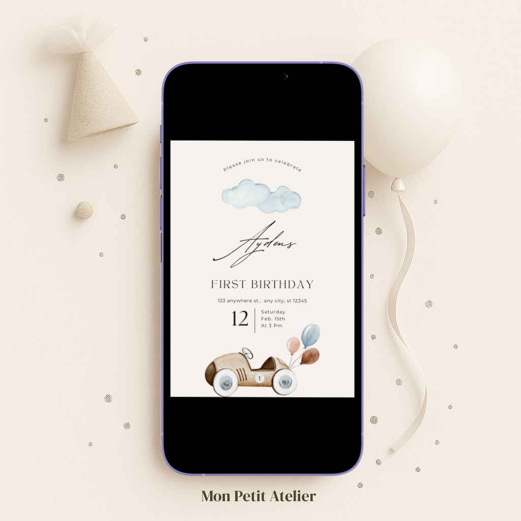 Retro auto beige | uitnodiging